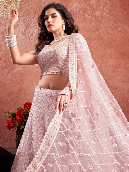 Adorable Baby Pink Sequins Work Net Engagement Wear Lehenga Choli - Zeel Clothing