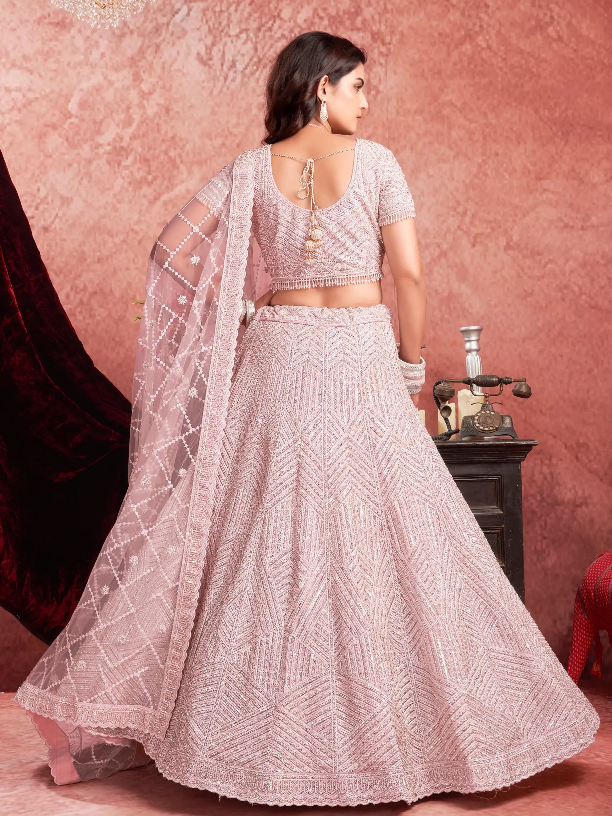 Adorable Baby Pink Sequins Work Net Engagement Wear Lehenga Choli - Zeel Clothing