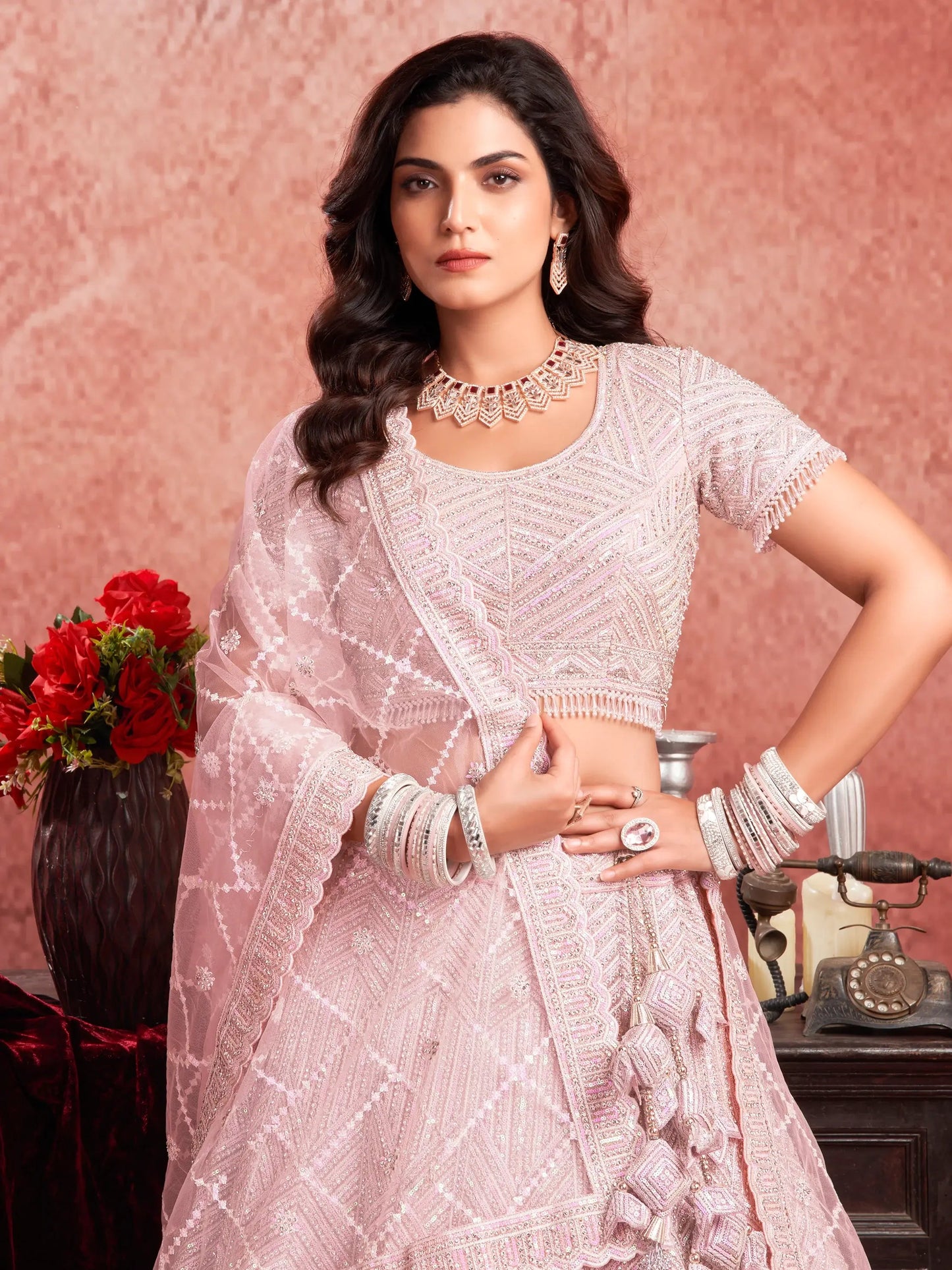 Adorable Baby Pink Sequins Work Net Engagement Wear Lehenga Choli - Zeel Clothing