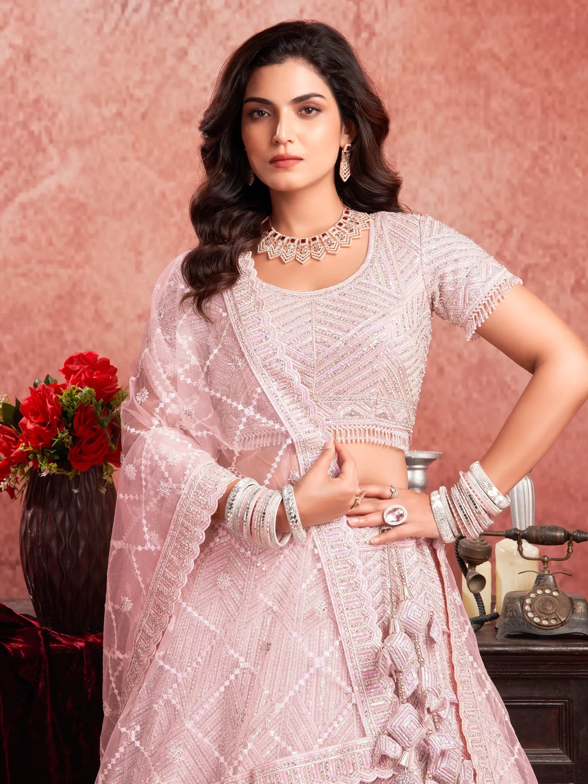 Adorable Baby Pink Sequins Work Net Engagement Wear Lehenga Choli - Zeel Clothing
