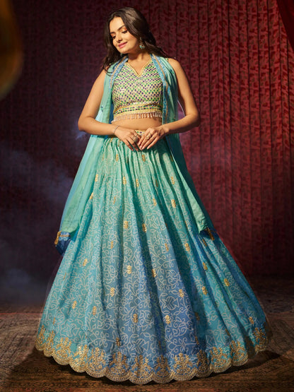Adorable Blue Printed Organza Sangeet Wear Lehenga Choli With Dupatta - Zeel Clothing
