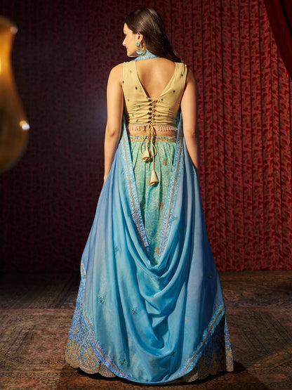 Adorable Blue Printed Organza Sangeet Wear Lehenga Choli With Dupatta - Zeel Clothing