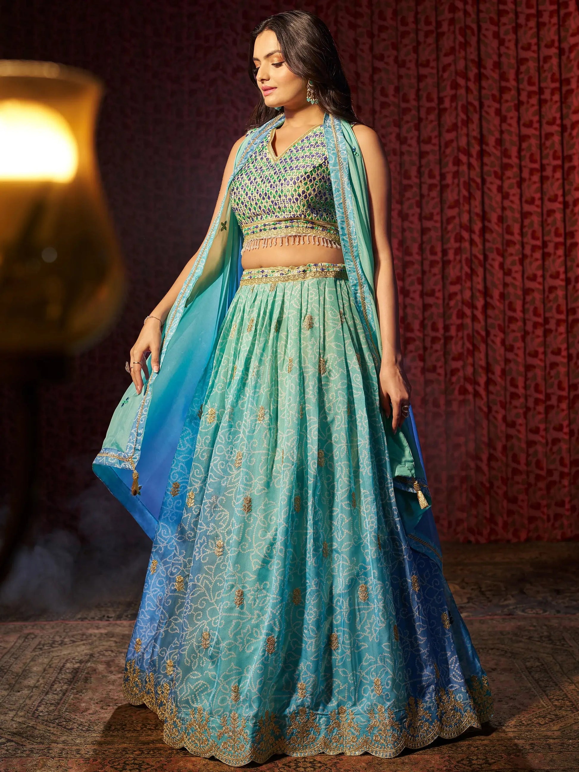 Adorable Blue Printed Organza Sangeet Wear Lehenga Choli With Dupatta - Zeel Clothing