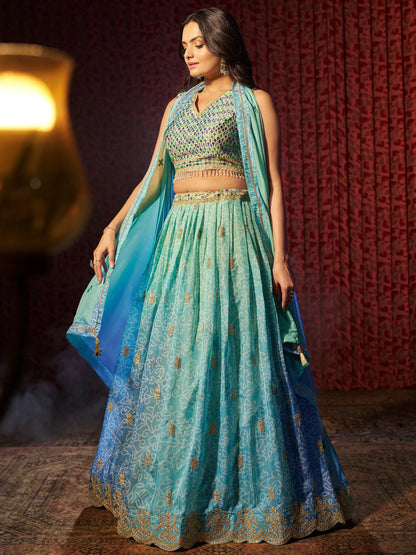 Adorable Blue Printed Organza Sangeet Wear Lehenga Choli With Dupatta - Zeel Clothing