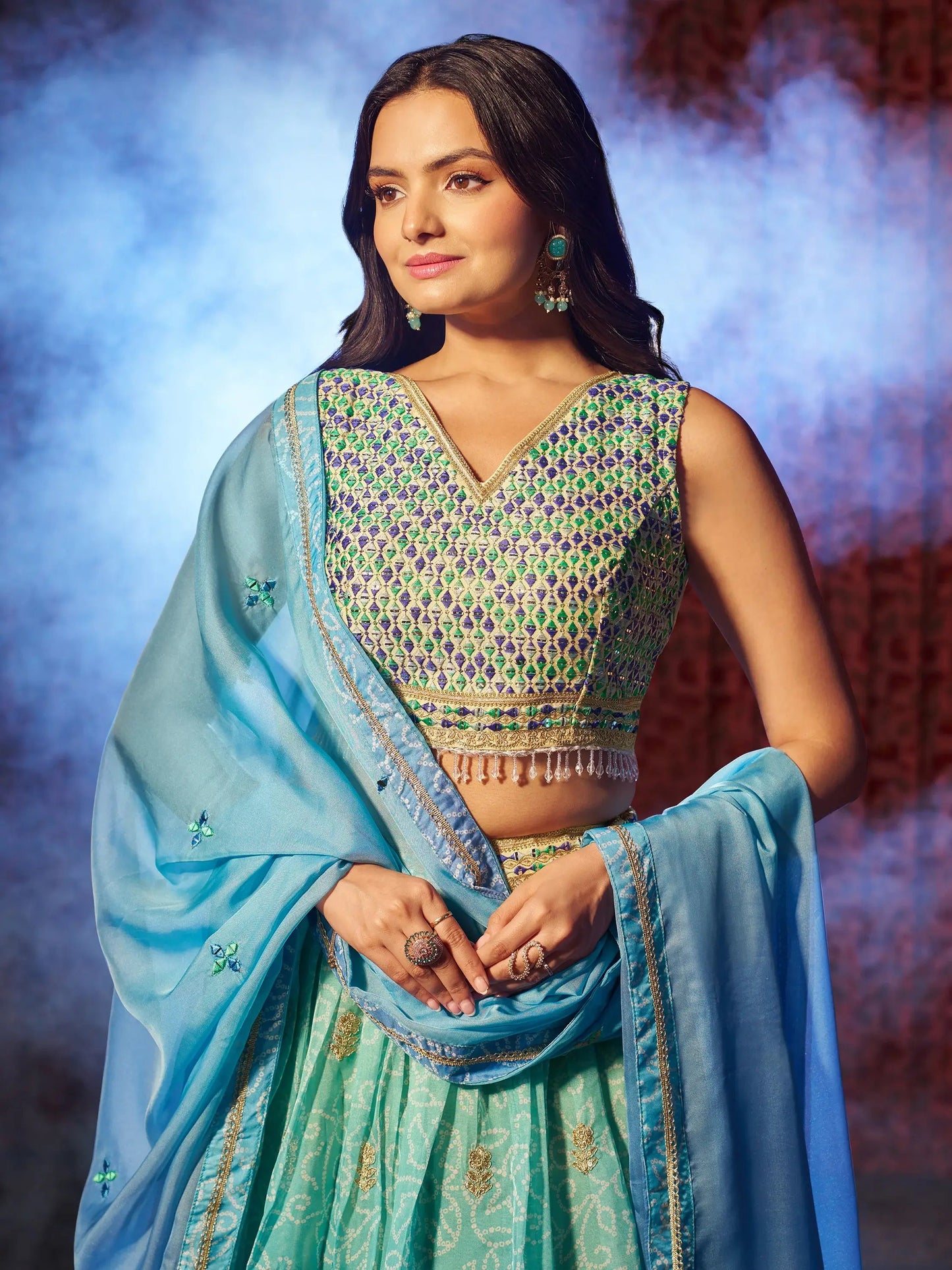 Adorable Blue Printed Organza Sangeet Wear Lehenga Choli With Dupatta - Zeel Clothing