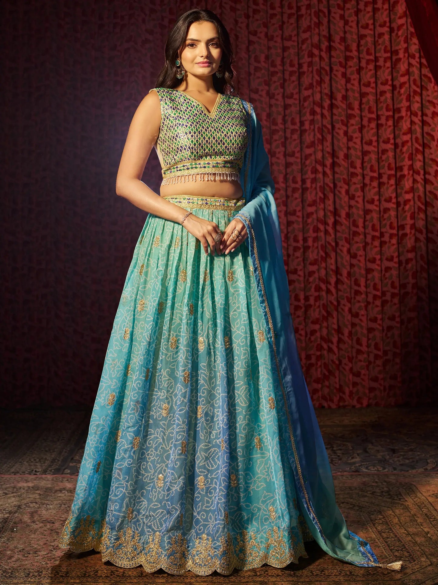 Adorable Blue Printed Organza Sangeet Wear Lehenga Choli With Dupatta - Zeel Clothing