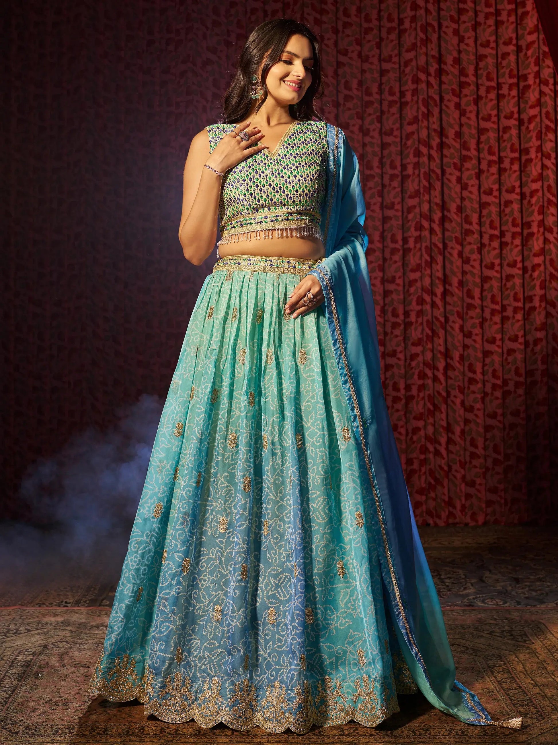 Adorable Blue Printed Organza Sangeet Wear Lehenga Choli With Dupatta - Zeel Clothing