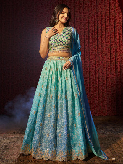 Adorable Blue Printed Organza Sangeet Wear Lehenga Choli With Dupatta - Zeel Clothing