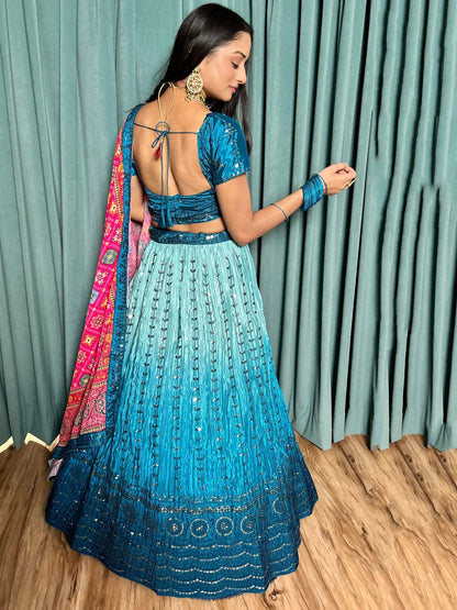 Adorable Blue Sequins Silk Wedding Lehenga Choli With Dupatta - Zeel Clothing