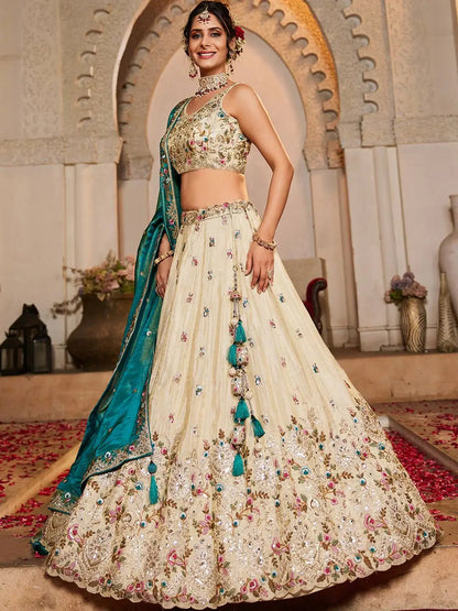 Adorable Cream Sequins Work Tissue Lehenga Choli With Teal Green Dupatta - Zeel Clothing