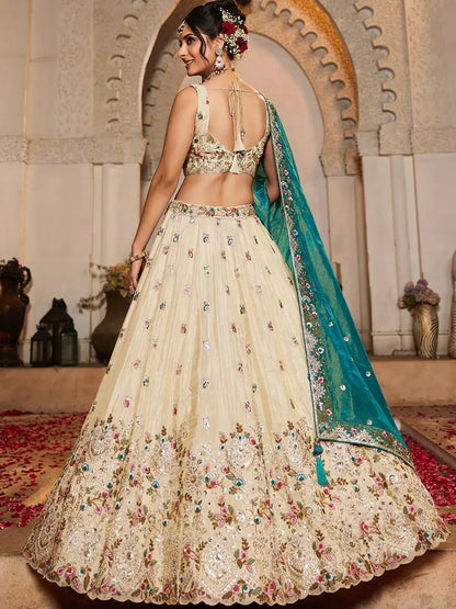 Adorable Cream Sequins Work Tissue Lehenga Choli With Teal Green Dupatta - Zeel Clothing