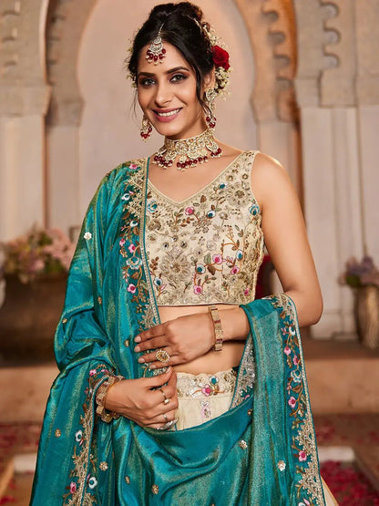 Adorable Cream Sequins Work Tissue Lehenga Choli With Teal Green Dupatta - Zeel Clothing