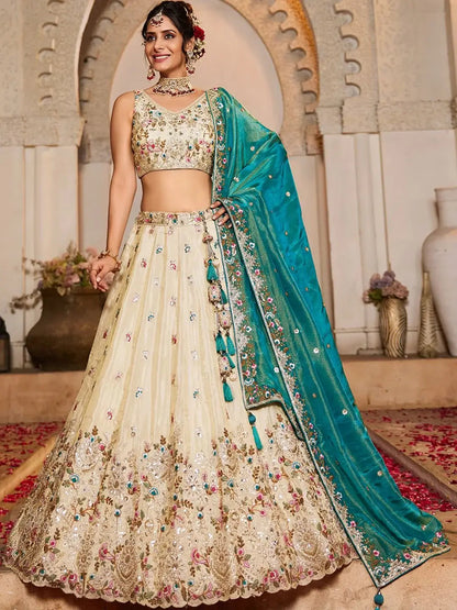Adorable Cream Sequins Work Tissue Lehenga Choli With Teal Green Dupatta - Zeel Clothing