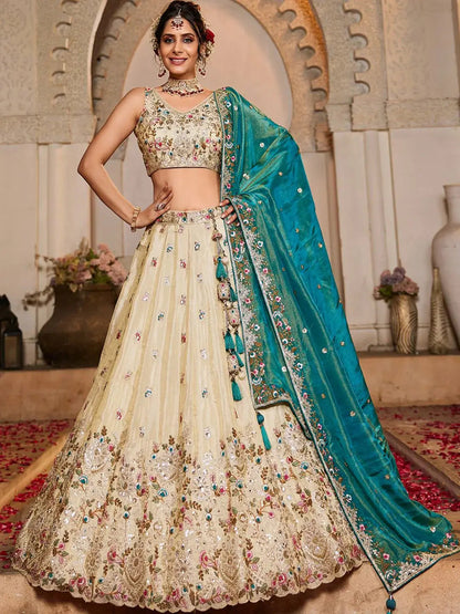 Adorable Cream Sequins Work Tissue Lehenga Choli With Teal Green Dupatta - Zeel Clothing