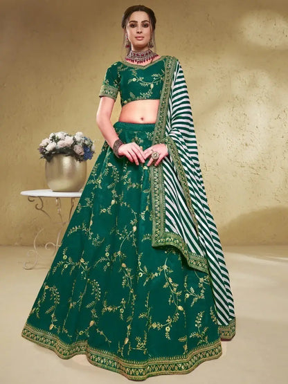 Adorable Green Embroidered Silk Lehenga Choli With Dupatta - Zeel Clothing