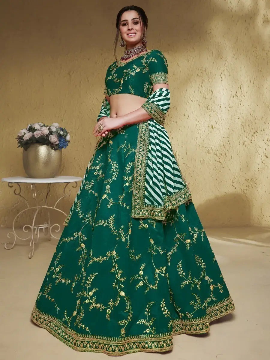 Adorable Green Embroidered Silk Lehenga Choli With Dupatta - Zeel Clothing
