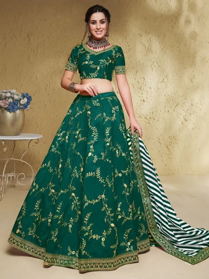 Adorable Green Embroidered Silk Lehenga Choli With Dupatta - Zeel Clothing
