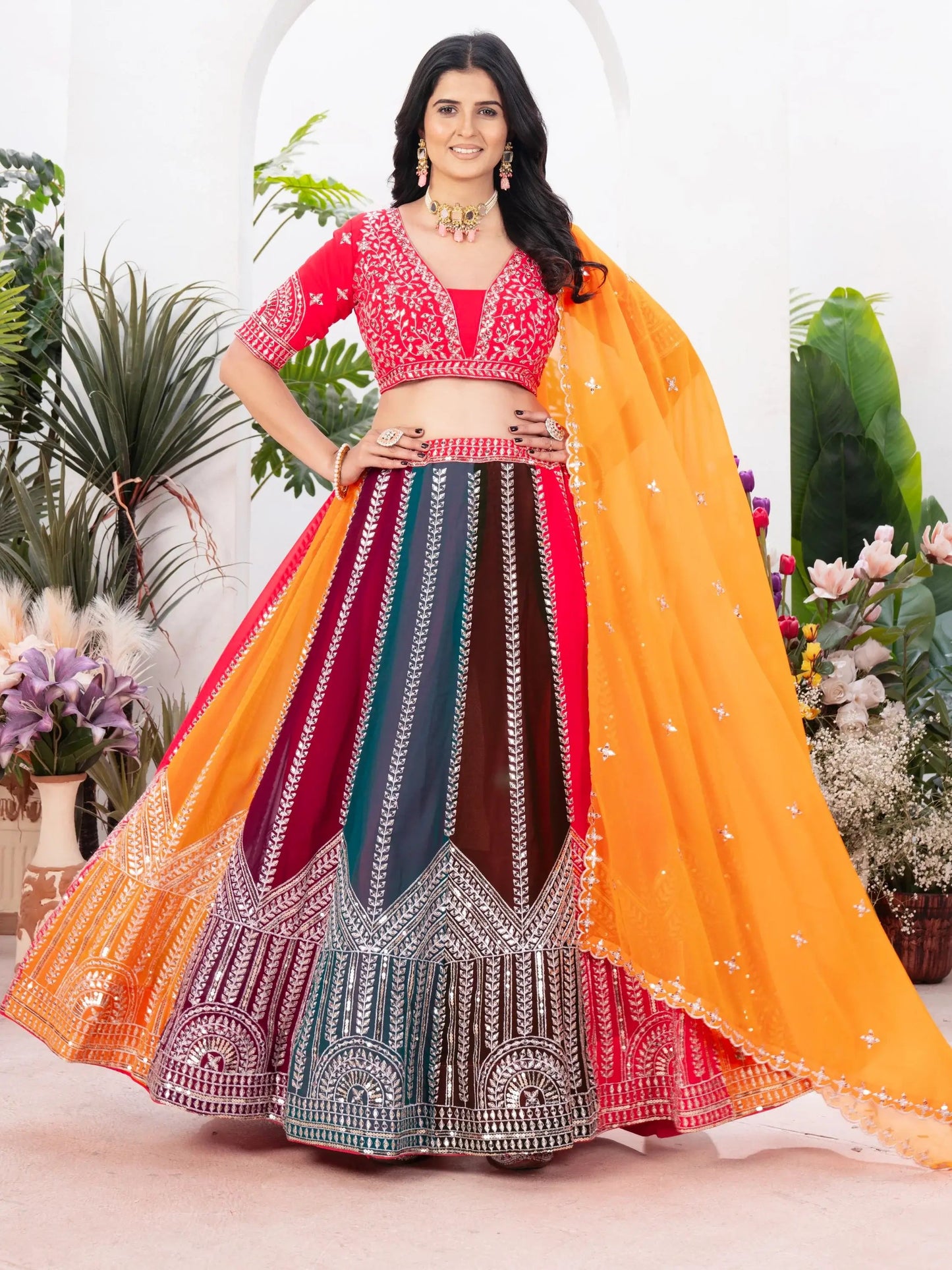 Adorable Multicolor Sequins Georgette Wedding Lehenga Choli With Dupatta - Zeel Clothing