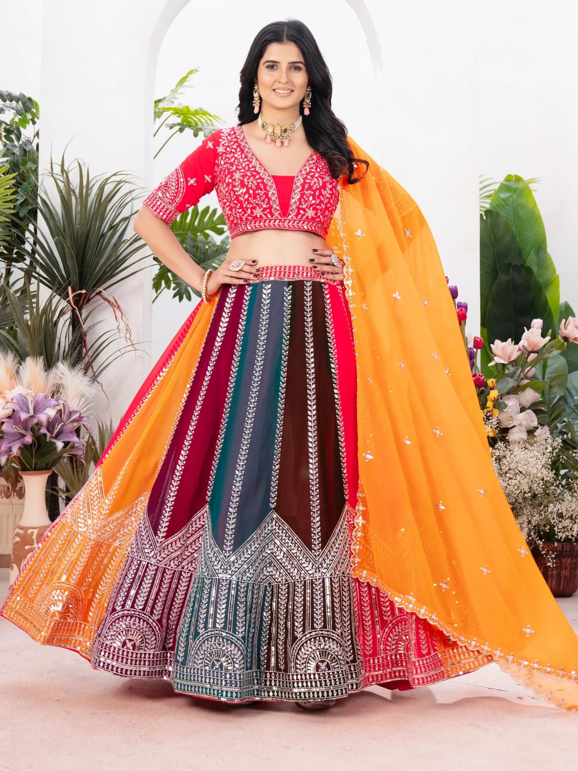 Adorable Multicolor Sequins Georgette Wedding Lehenga Choli With Dupatta - Zeel Clothing