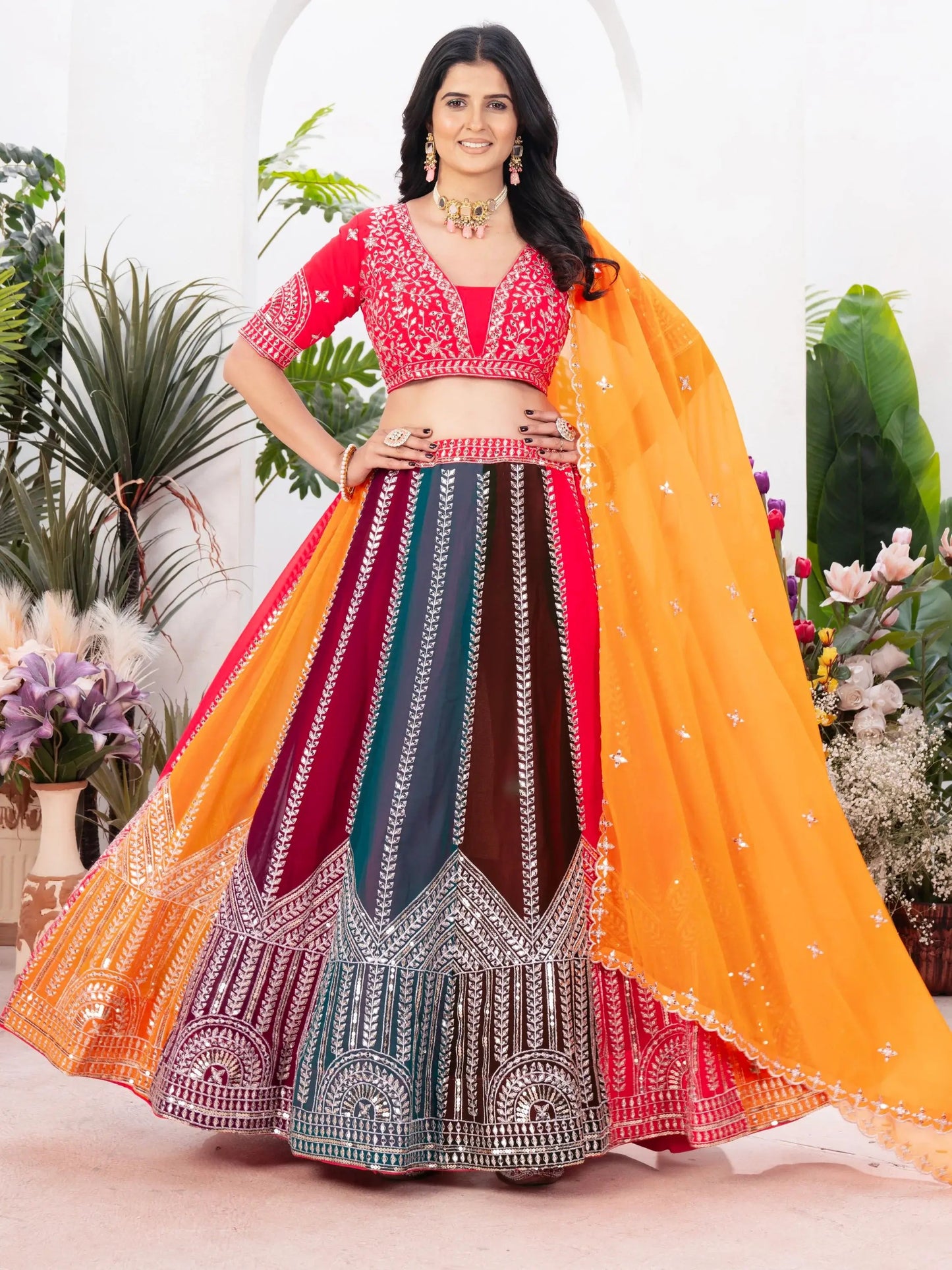 Adorable Multicolor Sequins Georgette Wedding Lehenga Choli With Dupatta - Zeel Clothing
