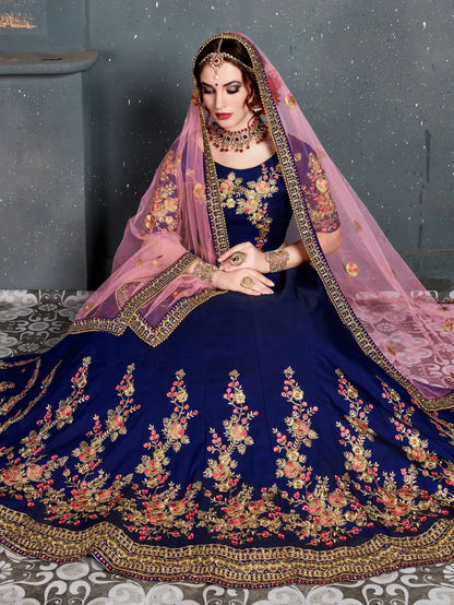 Adorable Navy Blue Floral Embroidered Silk Wedding Lehenga Choli - Zeel Clothing