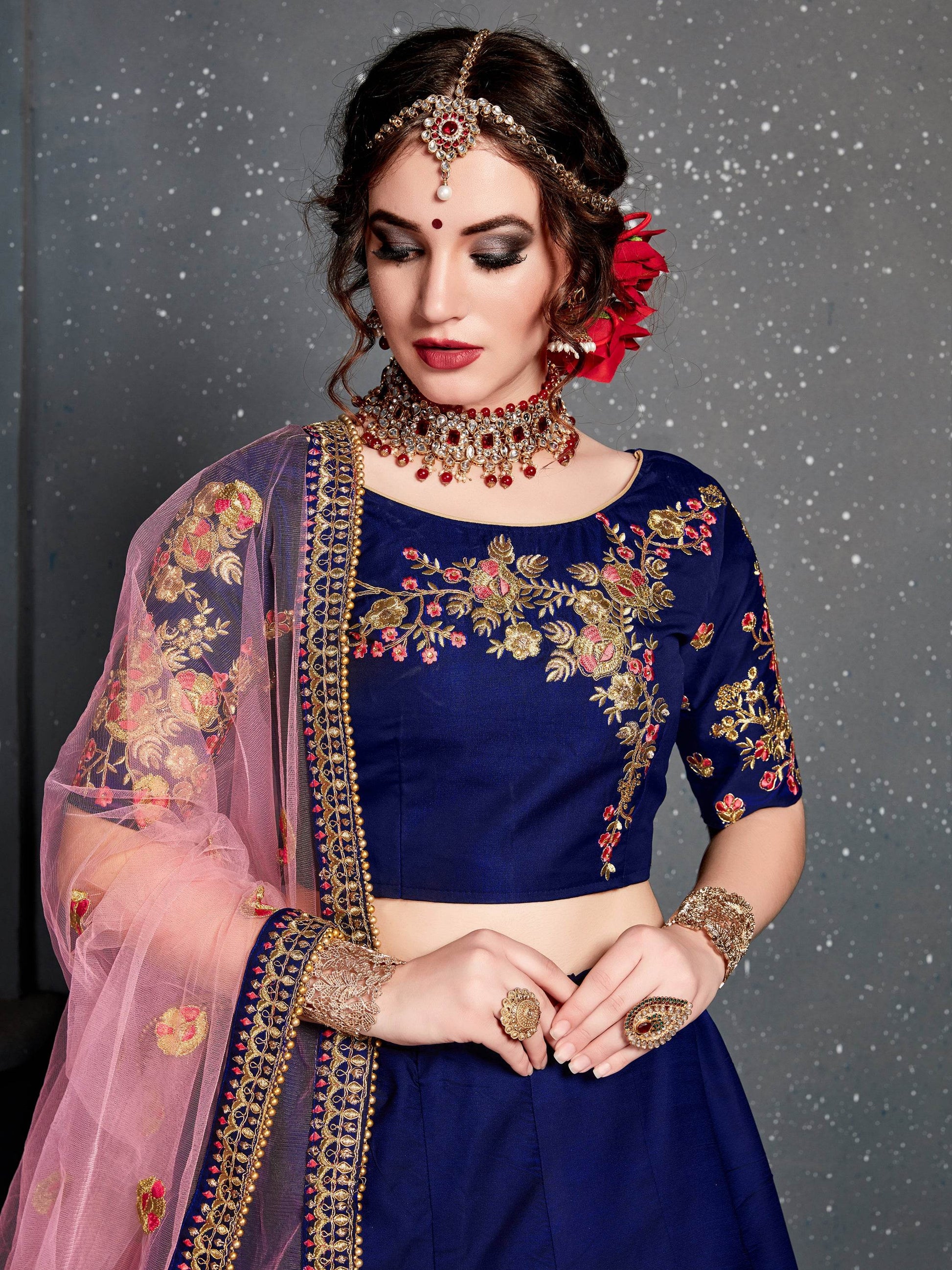 Adorable Navy Blue Floral Embroidered Silk Wedding Lehenga Choli - Zeel Clothing