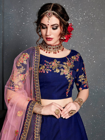 Adorable Navy Blue Floral Embroidered Silk Wedding Lehenga Choli - Zeel Clothing