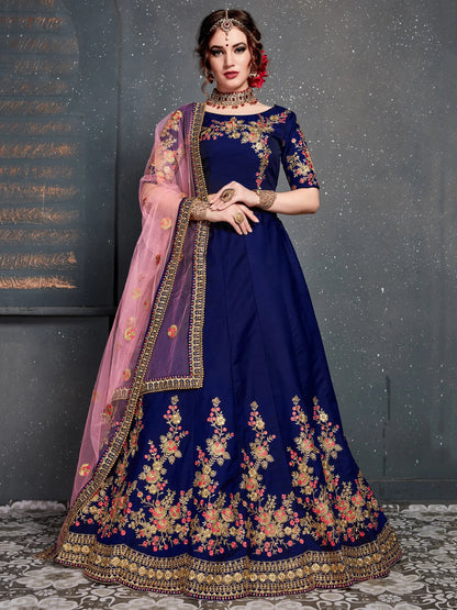 Adorable Navy Blue Floral Embroidered Silk Wedding Lehenga Choli - Zeel Clothing