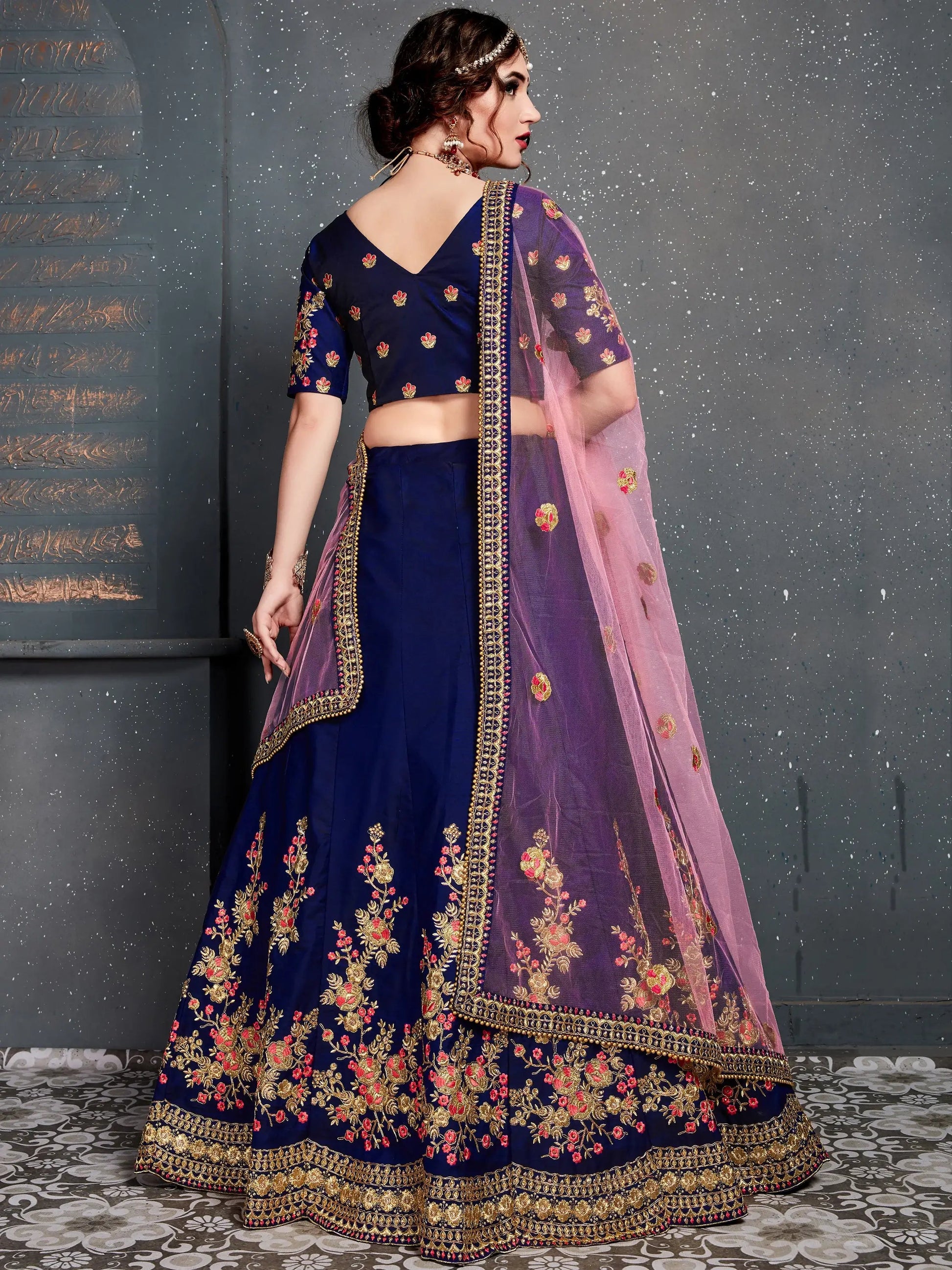 Adorable Navy Blue Floral Embroidered Silk Wedding Lehenga Choli - Zeel Clothing