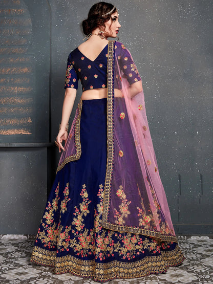 Adorable Navy Blue Floral Embroidered Silk Wedding Lehenga Choli - Zeel Clothing