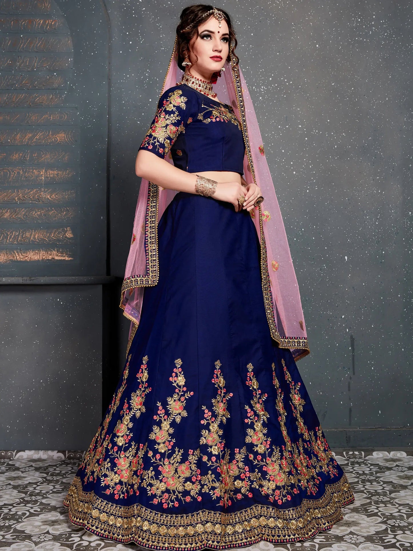 Adorable Navy Blue Floral Embroidered Silk Wedding Lehenga Choli - Zeel Clothing