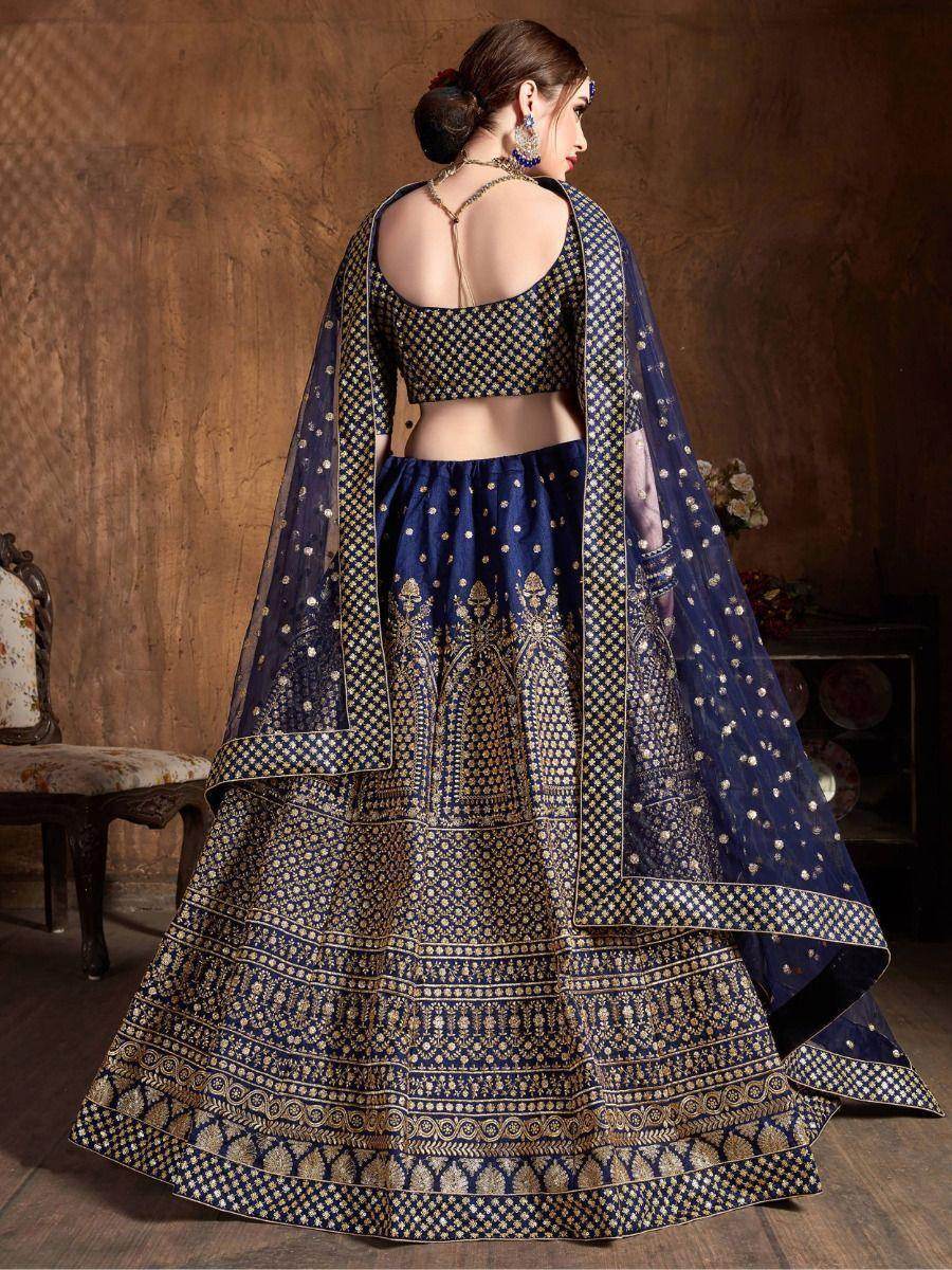 Adorable Navy Blue Sequins Raw Silk Lehenga Choli With Dupatta - Zeel Clothing