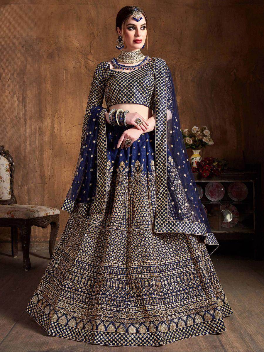 Adorable Navy Blue Sequins Raw Silk Lehenga Choli With Dupatta - Zeel Clothing