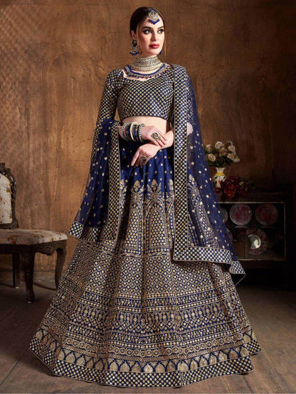 Adorable Navy Blue Sequins Raw Silk Lehenga Choli With Dupatta - Zeel Clothing