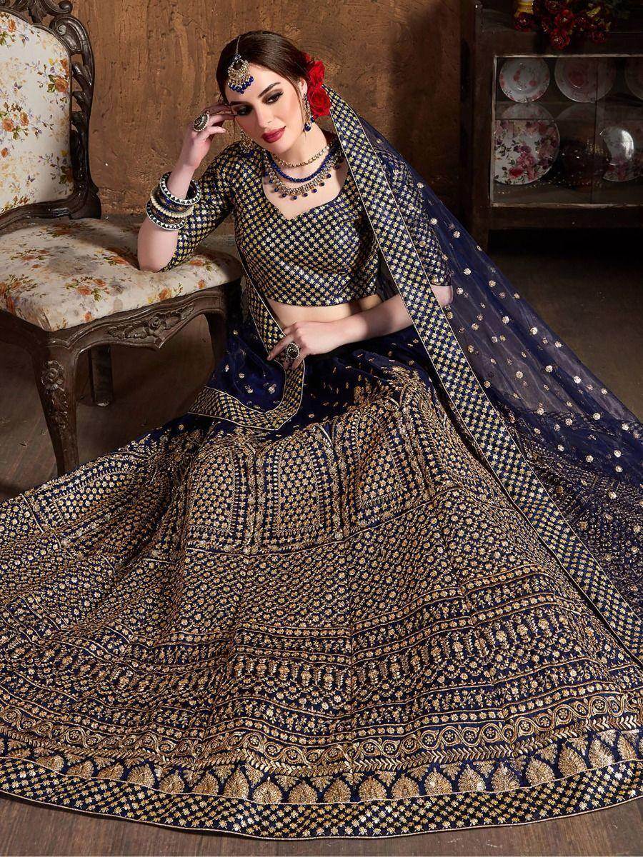 Adorable Navy Blue Sequins Raw Silk Lehenga Choli With Dupatta - Zeel Clothing