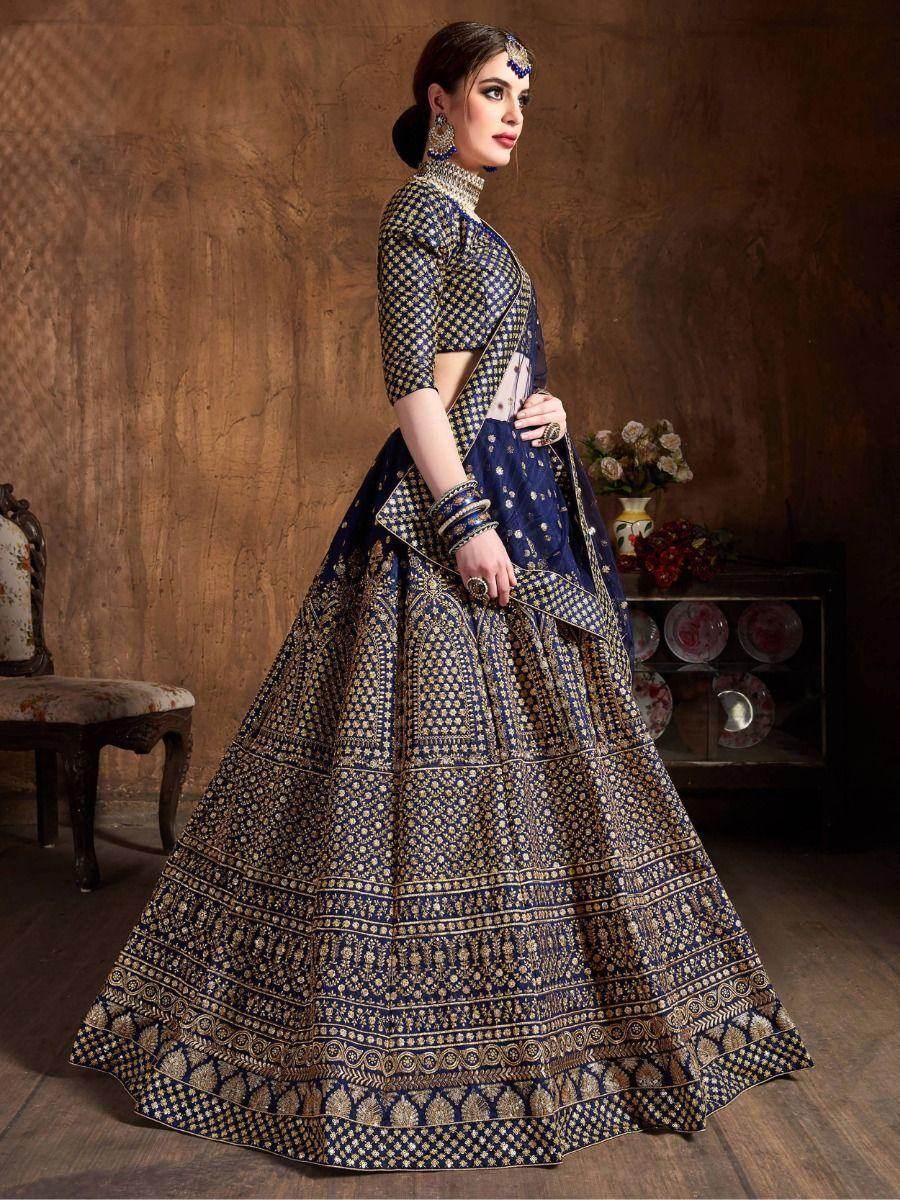 Adorable Navy Blue Sequins Raw Silk Lehenga Choli With Dupatta - Zeel Clothing