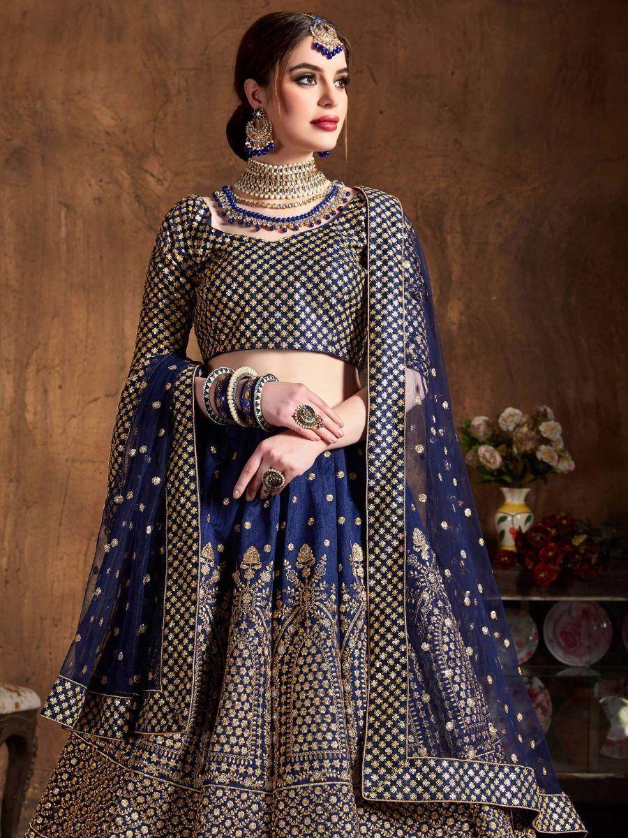 Adorable Navy Blue Sequins Raw Silk Lehenga Choli With Dupatta - Zeel Clothing