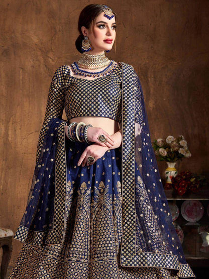 Adorable Navy Blue Sequins Raw Silk Lehenga Choli With Dupatta - Zeel Clothing