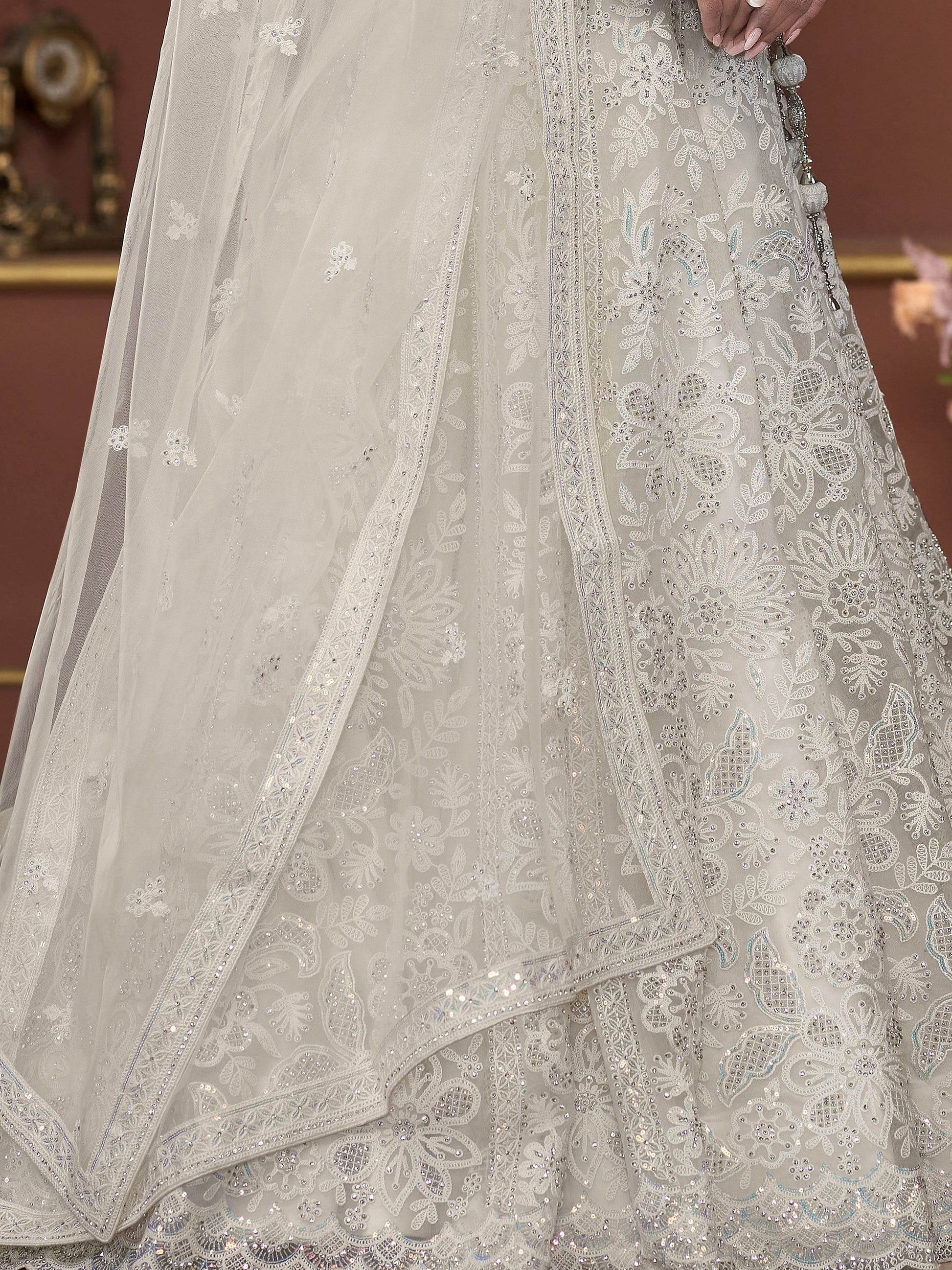 Adorable Off-White Sequins Net Engagement Wear Lehenga Choli - Zeel Clothing