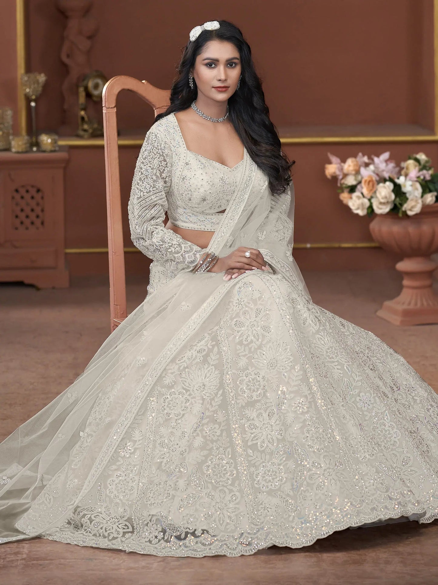 Adorable Off-White Sequins Net Engagement Wear Lehenga Choli - Zeel Clothing