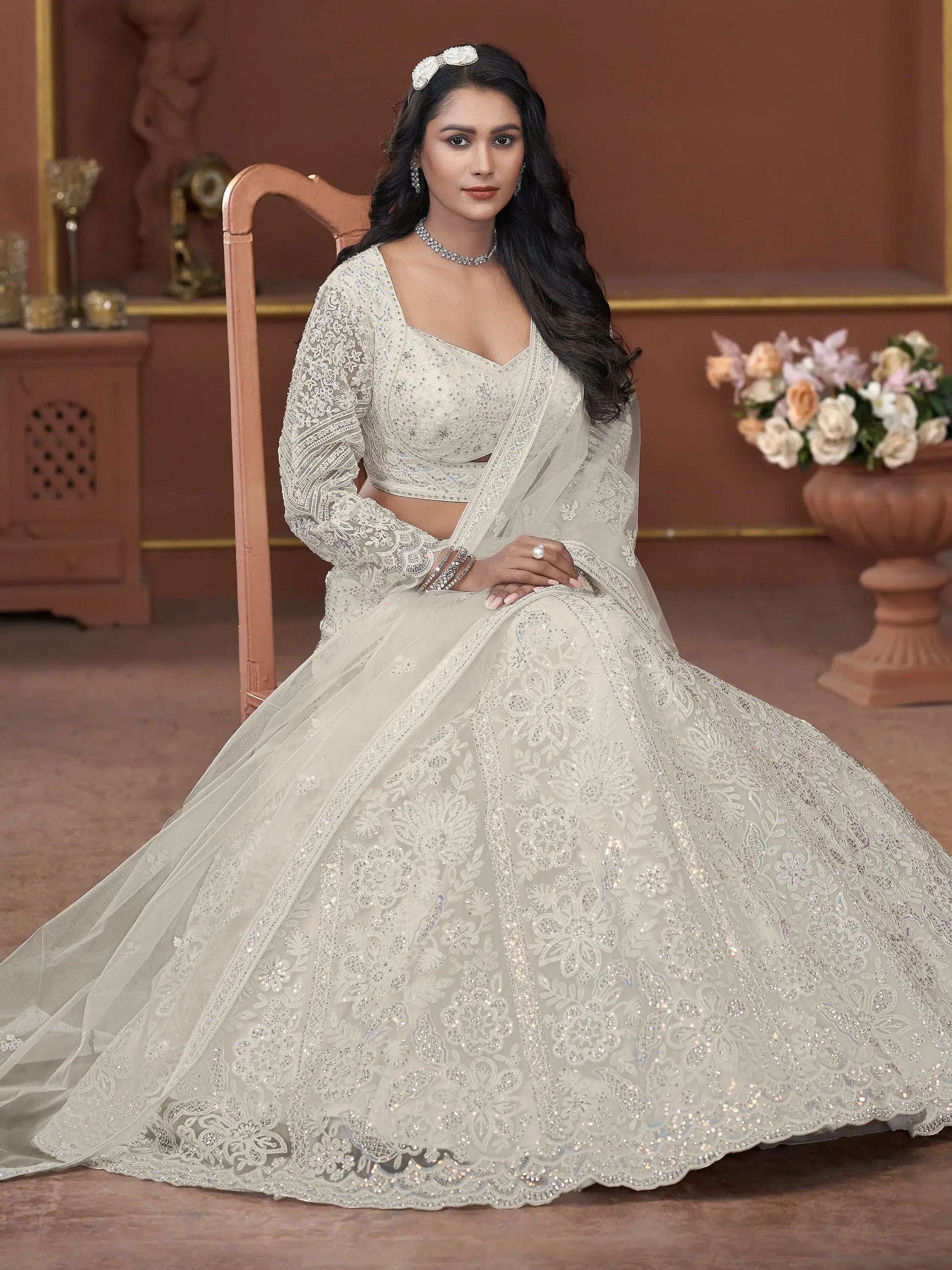 Adorable Off-White Sequins Net Engagement Wear Lehenga Choli - Zeel Clothing