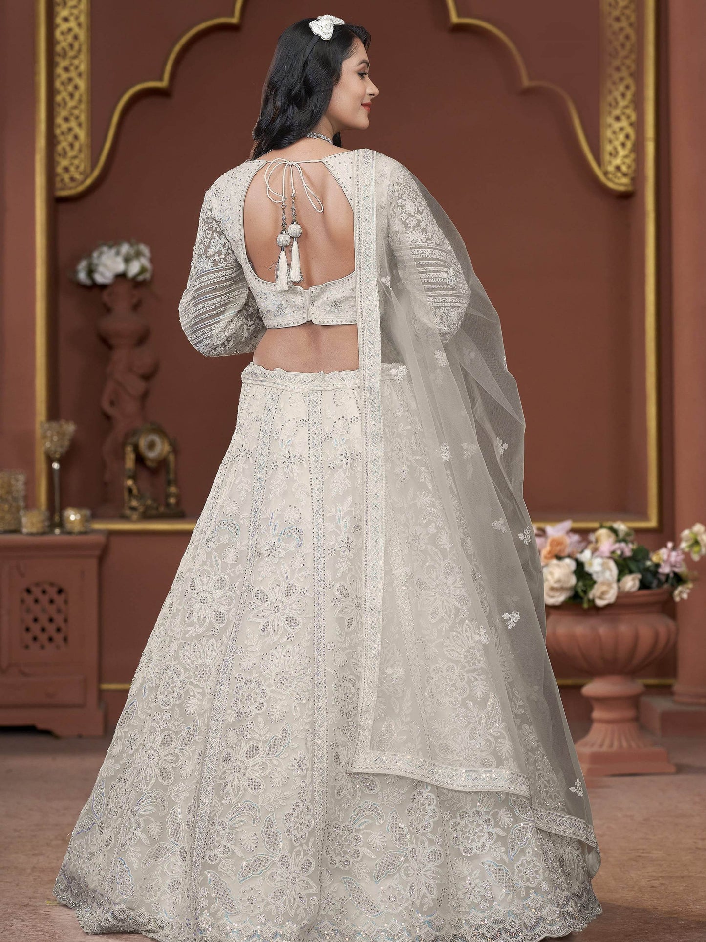Adorable Off-White Sequins Net Engagement Wear Lehenga Choli - Zeel Clothing
