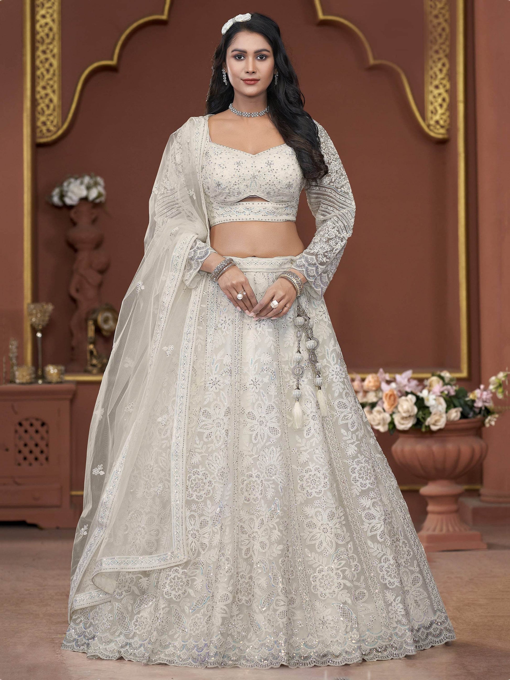 Adorable Off-White Sequins Net Engagement Wear Lehenga Choli - Zeel Clothing