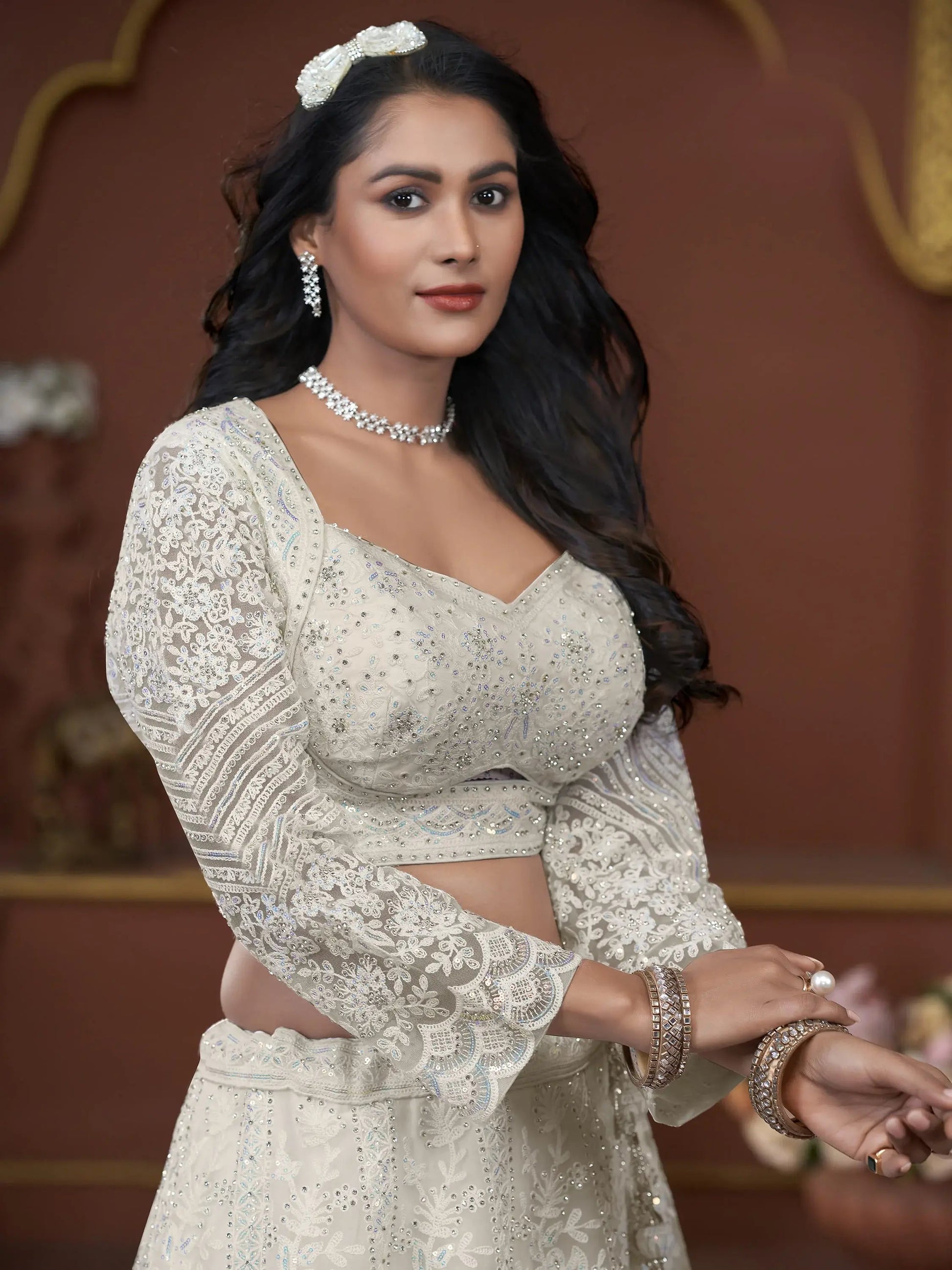 Adorable Off-White Sequins Net Engagement Wear Lehenga Choli - Zeel Clothing