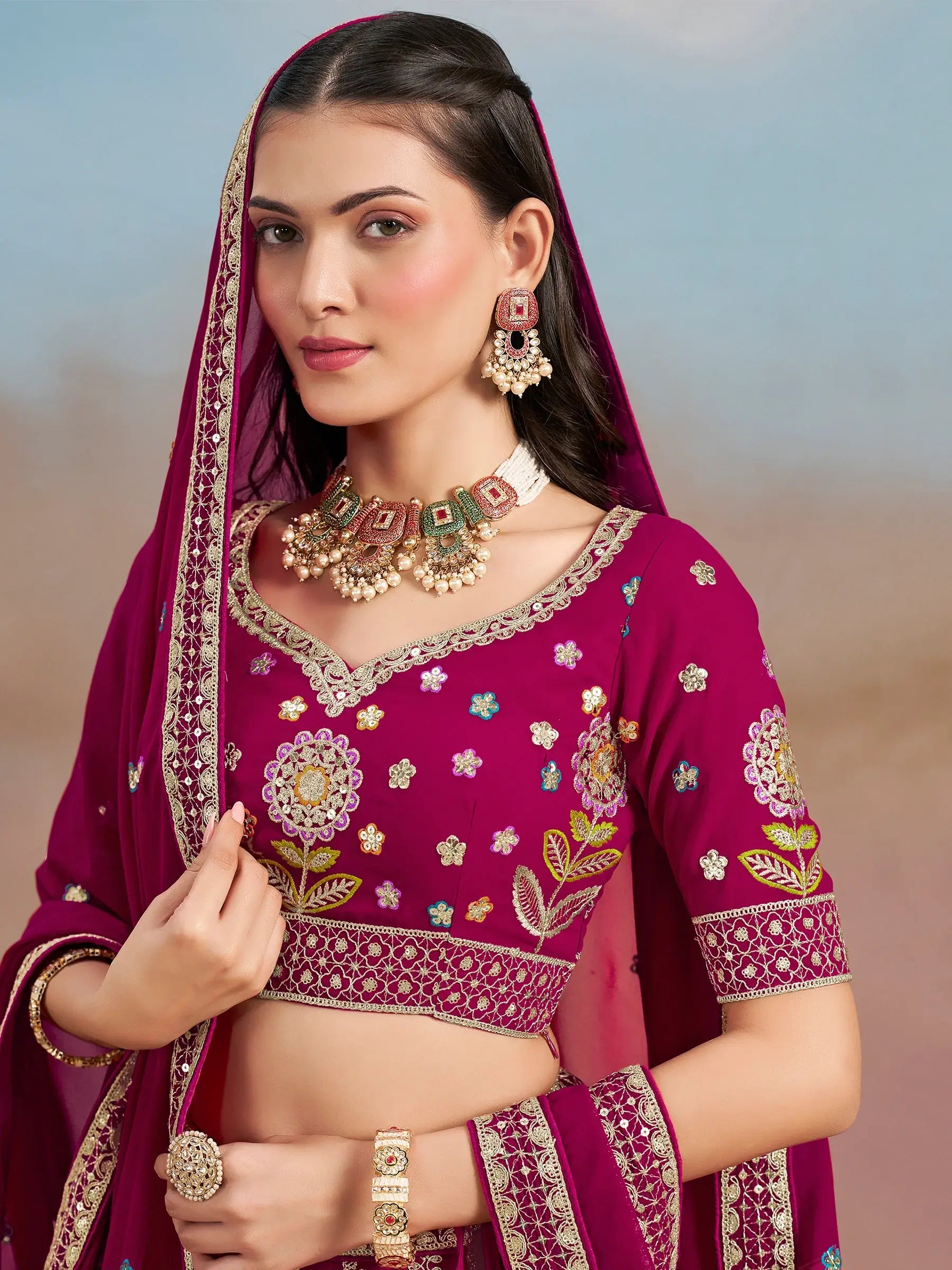 Adorable Pink Dori Work Georgette Lehenga Choli With Dupatta - Zeel Clothing