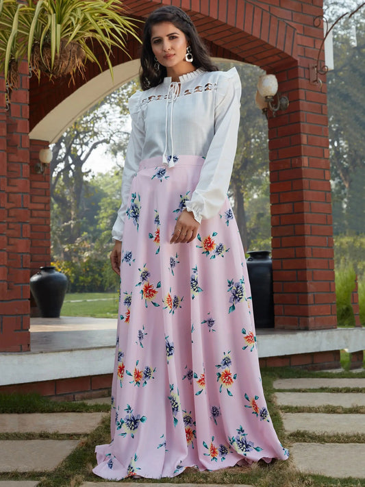 Adorable Pink Floral Printed Crepe Party Wear Crop Top Lehenga - Zeel Clothing