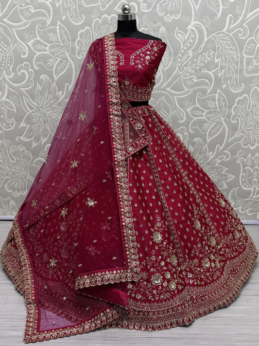 Adorable Pink Hand Work Silk Bridal Lehenga Choli With Double Dupatta - Zeel Clothing