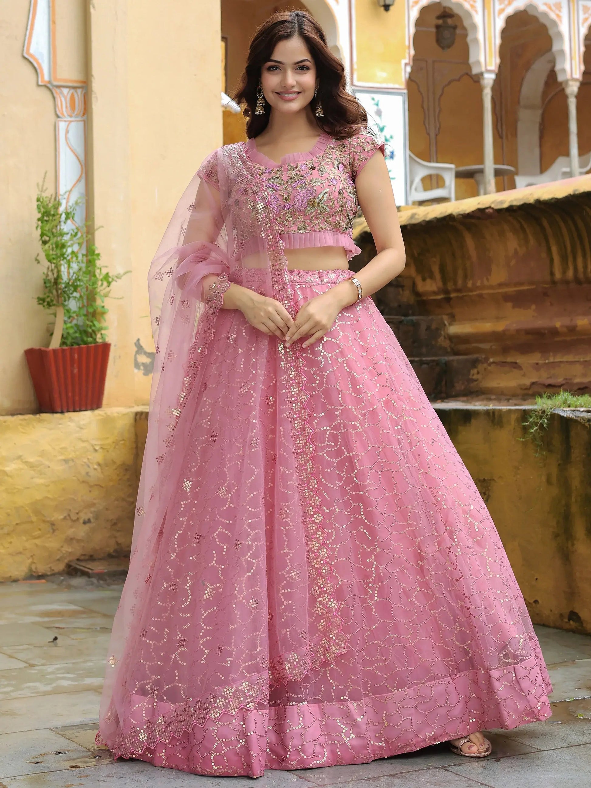 Adorable Pink Sequins Net Engagement Wear Lehenga Choli With Dupatta - Zeel Clothing