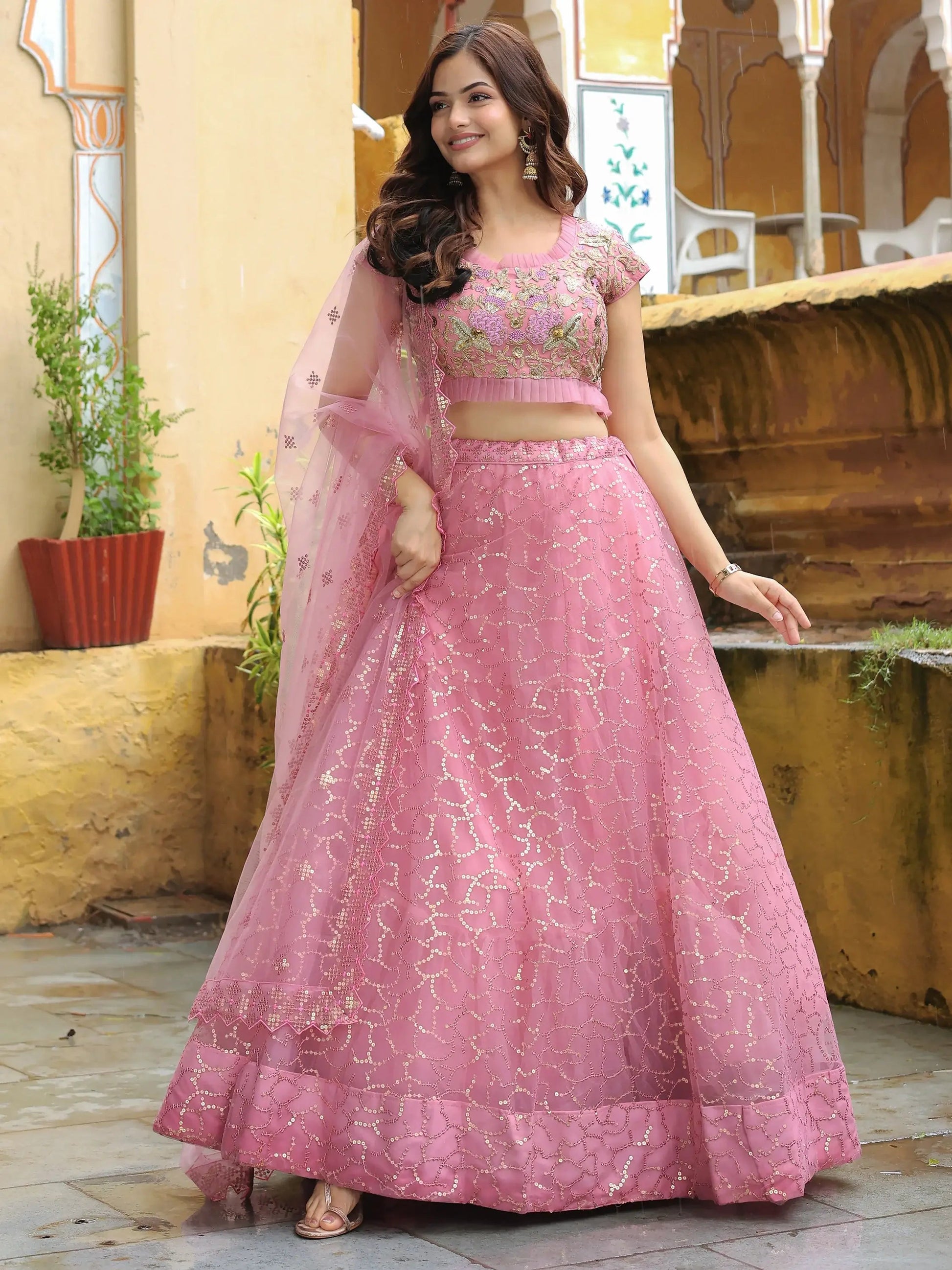 Adorable Pink Sequins Net Engagement Wear Lehenga Choli With Dupatta - Zeel Clothing