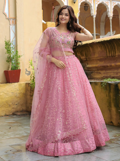 Adorable Pink Sequins Net Engagement Wear Lehenga Choli With Dupatta - Zeel Clothing